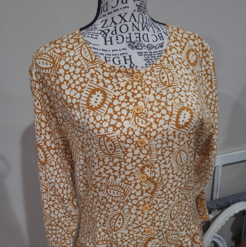 Vintage Starina Women SZ M Marigold floral Midi dress modest button down pockets - Picture 2 of 11